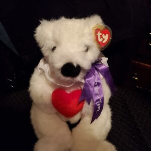 Ty Plush White Bear with Red Heart and Purple Ribbon
